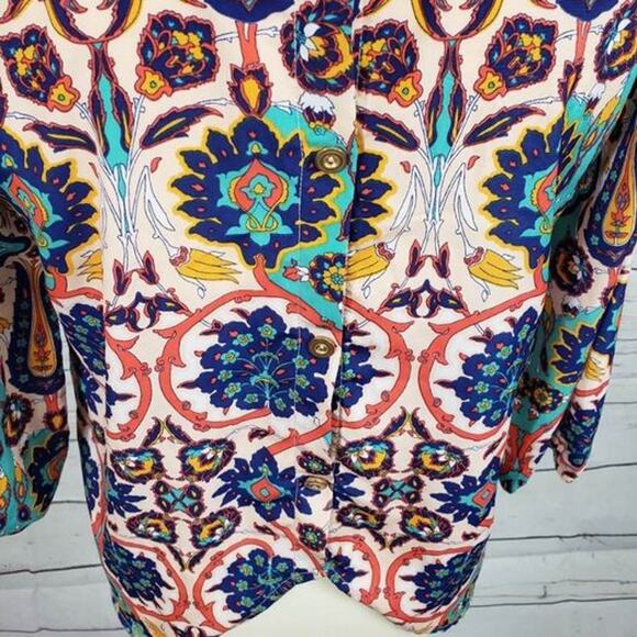Francesca’s Blue Rain Colorful Artsy Patterned Blouse Small - Picture 5 of 8